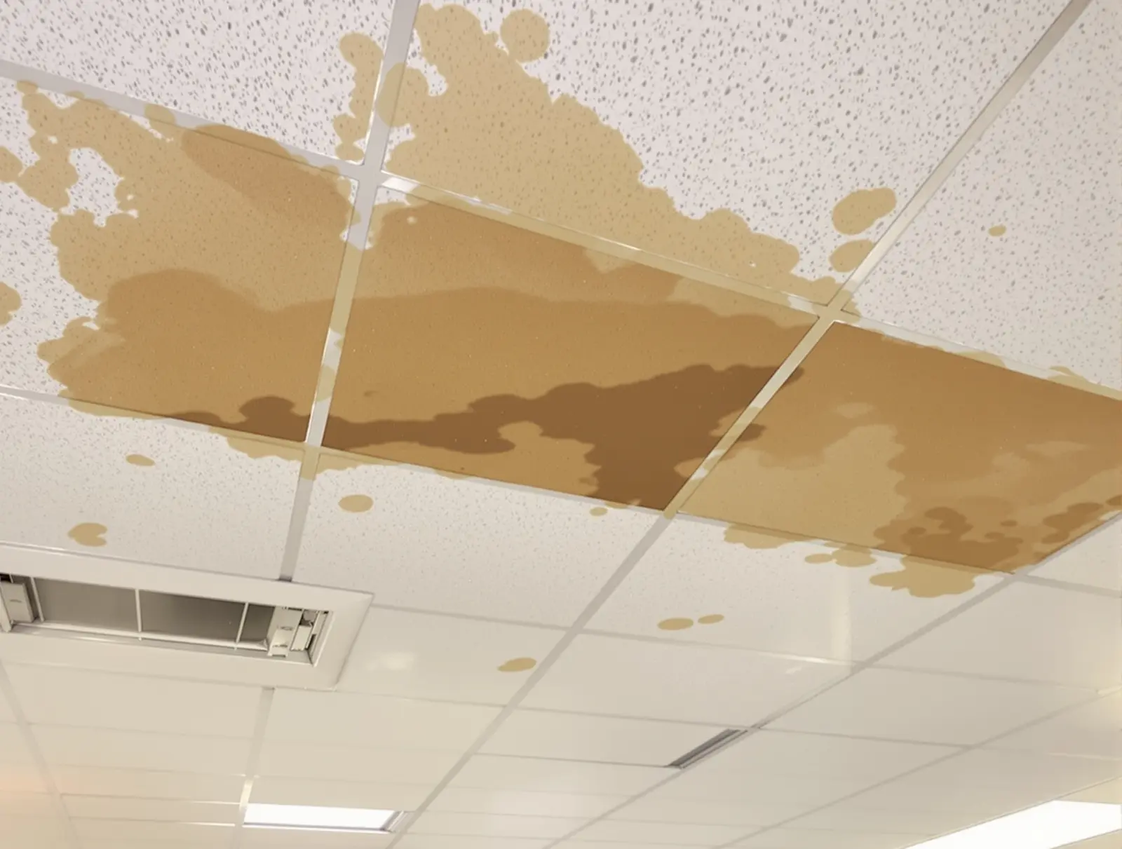 Brown water stain on a commercial building ceiling tile caused by a flat roof leak